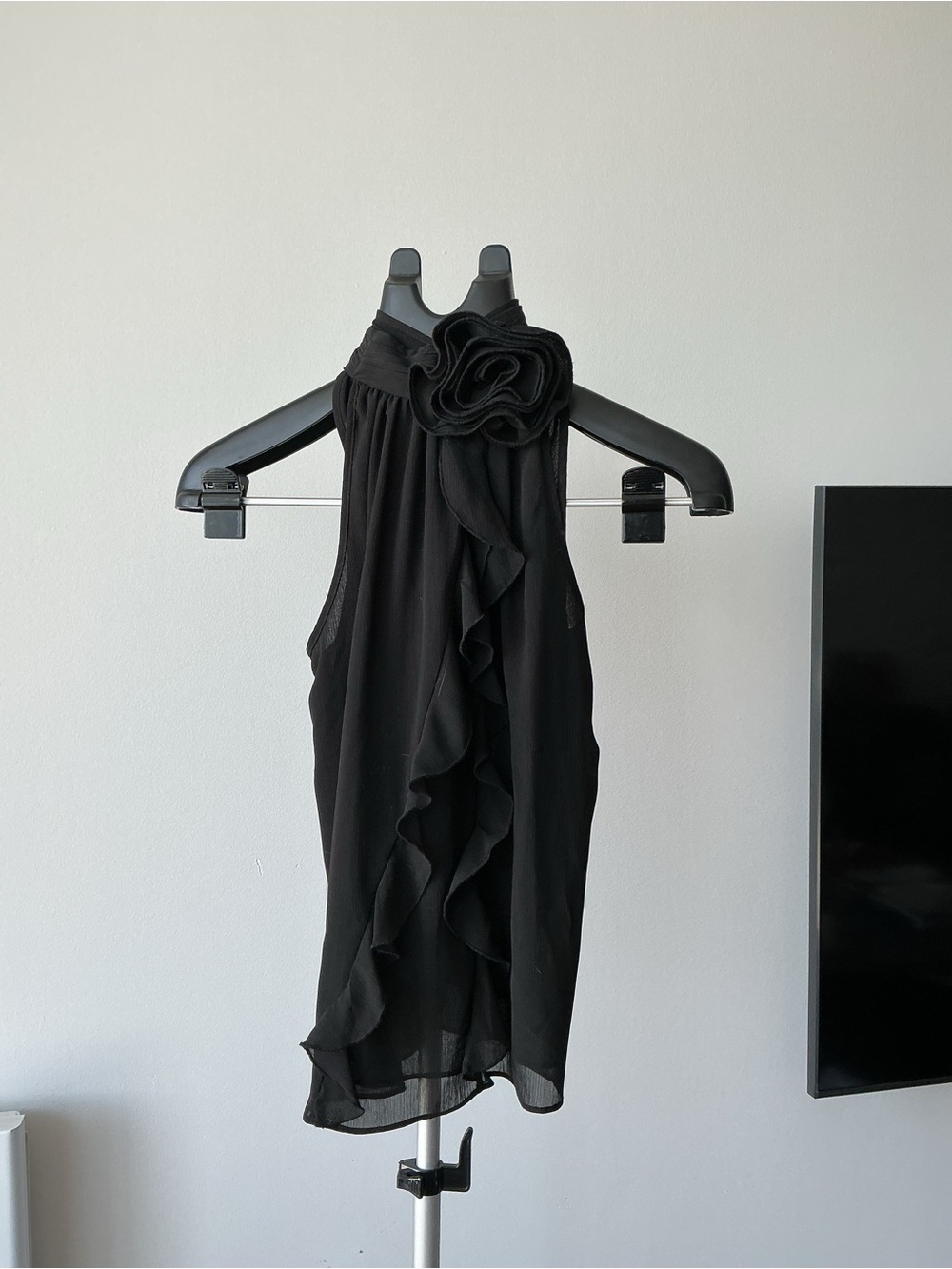 Rachel Zoe Black Halter Blouse with Rosette and Ruffles